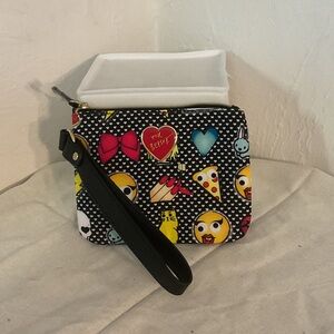 Betsey Johnson Emoji Faces Wristlet, 5”x 6.5”, Black/Multi, NWOT
